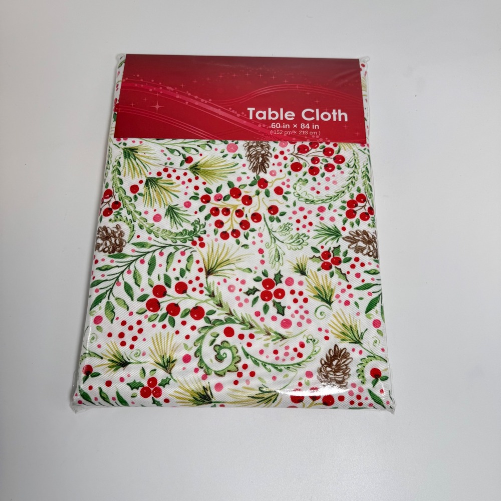 Christmas Holiday Tablecloth 60x84 Red Berry Pinecone Winter Floral White New